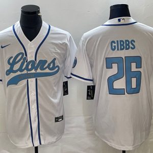 Men's Detroit Lions #26 Jahmyr Gibbs White Cool Base Stitched Baseball Jersey