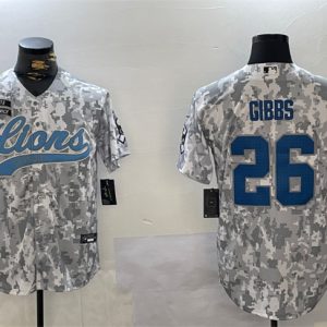 Men's Detroit Lions #26 Jahmyr Gibbs 2024 Arctic Camo Salute To Service Stitched Baseball Jersey