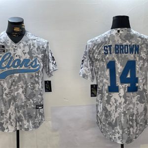 Men's Detroit Lions #14 Amon-Ra St. Brown 2024 Arctic Camo Salute To Service Stitched Baseball Jersey