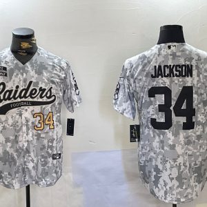 Men's Las Vegas Raiders #34 Bo Jackson 2024 Arctic Camo Salute To Service Stitched Baseball Jerseys