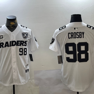 Men's Las Vegas Raiders #98 Maxx Crosby White Nevada Silver State And 65th Patch Stitched Baseball Jersey