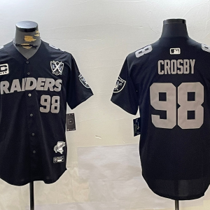 Men's Las Vegas Raiders #98 Maxx Crosby Black Nevada Silver State And 65th Patch Stitched Baseball Jersey