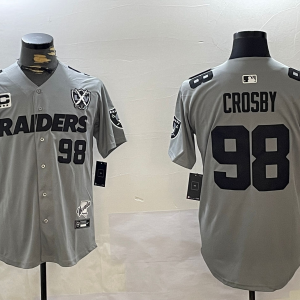 Men's Las Vegas Raiders #98 Maxx Crosby Grey Nevada Silver State And 65th Patch Stitched Baseball Jersey