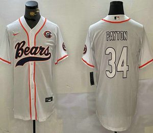 Men's Chicago Bears #34 Walter Payton White Throwback With Patch Cool Base Stitched Baseball Jersey