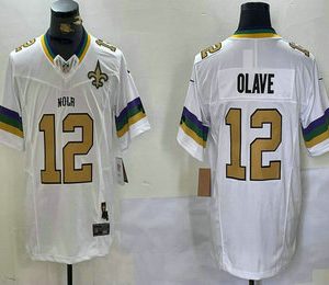 Men's New Orleans Saints #12 Chris Olave White Team Patch 2024 FUSE Vapor Limited Stitched Jersey