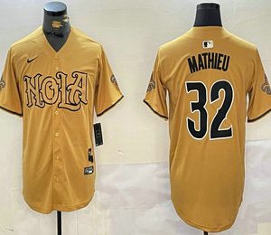 Men's New Orleans Saints #32 Tyrann Mathieu Yellow Nola Baseball Jersey