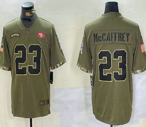 Men's San Francisco 49ers #23 Christian McCaffrey Olive 2022 Salute To Service Limited Stitched Jersey