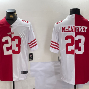 Men's San Francisco 49ers #23 Christian McCaffrey Red White Split Vapor Limited Stitched Jersey