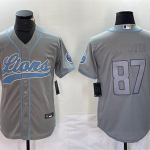 Mens Detroit Lions #87 Sam LaPorta Gray Cool Base Stitched Baseball Jersey