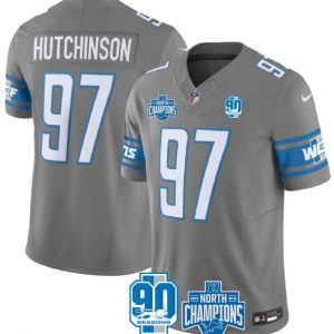 Men's Detroit Lions #97 Aidan Hutchinson Gray 2023 90th Anniversary North Division Champions Patch Limited Stitched Jersey