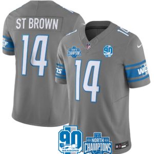 Men's Detroit Lions #14 Amon-Ra St. Brown Gray 2023 90th Anniversary North Division Champions Patch Limited Stitched Jersey