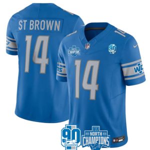Men's Detroit Lions #14 Amon-Ra St. Brown Blue 2023 90th Anniversary North Division Champions Patch Limited Stitched Jersey