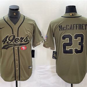 Men's San Francisco 49ers #23 Christian McCaffrey Olive Salute to Service With Patch Cool Base Stitched Baseball Jersey