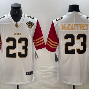 Men's San Francisco 49ers #23 Christian McCaffrey White 75th Patch Golden Edition Stitched Nike Limited Jersey