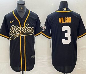 Mens Pittsburgh Steelers #3 Russell Wilson Black With Patch Cool Base Stitched Baseball Jersey