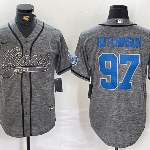 Men's Detroit Lions #97 Aidan Hutchinson Grey Gridiron With Patch Cool Base Stitched Baseball Jersey