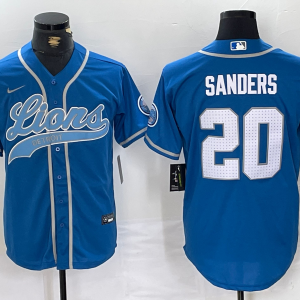 Men's Detroit Lions #20 Barry Sanders Blue With Patch Cool Base Stitched Baseball Jersey