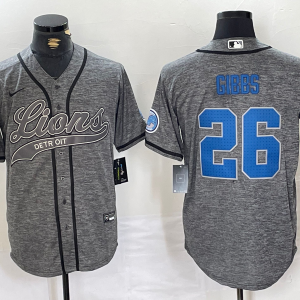 Men's Detroit Lions #26 Jahmyr Gibbs Grey Gridiron With Patch Cool Base Stitched Baseball Jersey