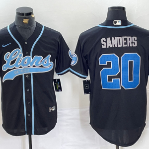 Men's Detroit Lions #20 Barry Sanders Black With Patch Cool Base Stitched Baseball Jersey