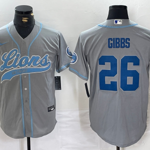 Men's Detroit Lions #26 Jahmyr Gibbs Grey With Patch Cool Base Stitched Baseball Jersey