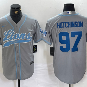 Men's Detroit Lions #97 Aidan Hutchinson Grey With Patch Cool Base Stitched Baseball Jersey