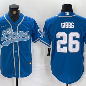 Men's Detroit Lions #26 Jahmyr Gibbs Blue With Patch Cool Base Stitched Baseball Jersey