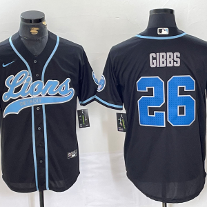 Men's Detroit Lions #26 Jahmyr Gibbs Black With Patch Cool Base Stitched Baseball Jersey