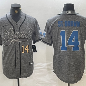 Men's Detroit Lions #14 Amon-Ra St. Brown Number Gray Cool Base Stitched Baseball Jersey