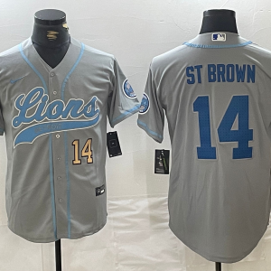 Men's Detroit Lions #14 Amon-Ra St. Brown Number Gray Cool Base Stitched Baseball Jerseys