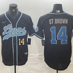 Men's Detroit Lions #14 Amon-Ra St. Brown Number Black Cool Base Stitched Baseball Jersey
