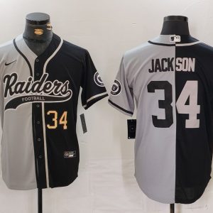 Men's Las Vegas Raiders #34 Bo Jackson Number Grey Black Split Cool Base Stitched Baseball Jersey