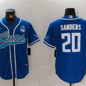 Men's Detroit Lions #20 Barry Sanders Blue With 90th Anniversary Patch Cool Base Stitched Baseball Jersey