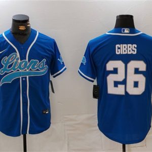 Men's Detroit Lions #26 Jahmyr Gibbs Blue Cool Base Stitched Baseball Jersey
