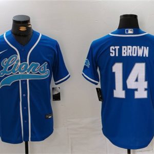 Men's Detroit Lions #14 Amon-Ra St. Brown Blue Cool Base Stitched Baseball Jersey