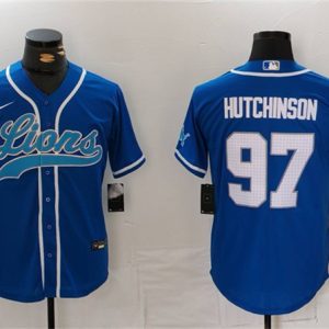Men's Detroit Lions #97 Aidan Hutchinson Blue Cool Base Stitched Baseball Jersey