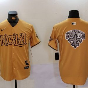 Men's New Orleans Saints Team Big Logo Gold Cool Base Stitched Baseball Jersey
