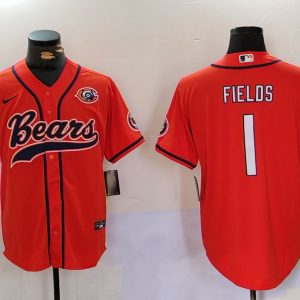 Men's Chicago Bears #1 Justin Fields Orange Throwback With Patch Cool Base Stitched Baseball Jersey