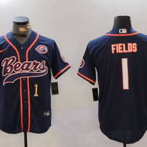 Men's Chicago Bears #1 Justin Fields Navy Throwback With Patch Cool Base Stitched Baseball Jerseys