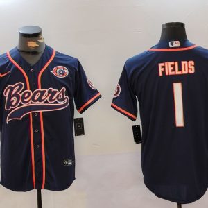 Men's Chicago Bears #1 Justin Fields Navy Throwback With Patch Cool Base Stitched Baseball Jersey