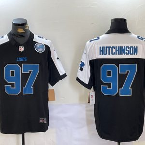 Men's Detroit Lions #97 Aidan Hutchinson Black White F.U.S.E. 2024 Michigan Patch Vapor Limited Stitched Jersey