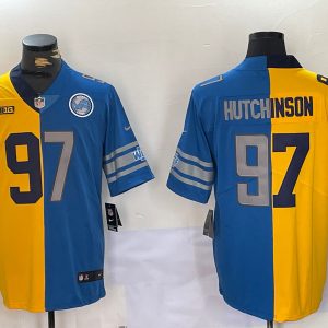 Men's Detroit Lions #97 Aidan Hutchinson Yellow Blue Split Vapor Limited Stitched Jersey