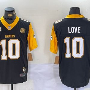 Men's Green Bay Packers #10 Jordan Love Black White Gold 2024 F.U.S.E. Home Patch Vapor Untouchable Limited Stitched Jersey