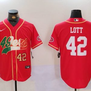 Men's San Francisco 49ers #42 Ronnie Lott Red With Patch Cool Base Stitched Baseball Jersey