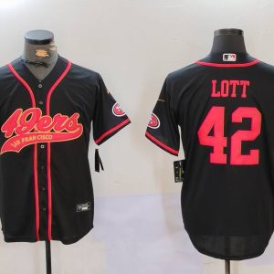 Men's San Francisco 49ers #42 Ronnie Lott Black With Patch Cool Base Stitched Baseball Jersey