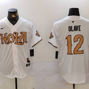 Men's New Orleans Saints #12 Chris Olave Number White Nola Baseball Jerseys