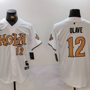 Men's New Orleans Saints #12 Chris Olave Number White Nola Baseball Jersey