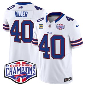 Men's Buffalo Bills #40 Von Miller White F.U.S.E. 2024 AFC East Division Champions With 4-Star C Ptach Jersey