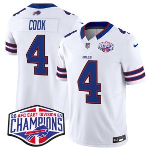 Men's Buffalo Bills #4 James Cook White F.U.S.E. 2024 AFC East Division Champions Jersey