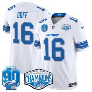 Men's Detroit Lions #16 Jared Goff White 2024 NFC North Champions 90th Anniversary Patch  Jersey