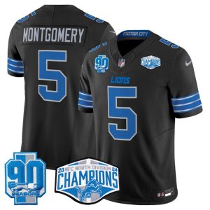 Men's Detroit Lions #5 David Montgomery Black 2024 NFC North Champions 90th Anniversary Patch  Jersey